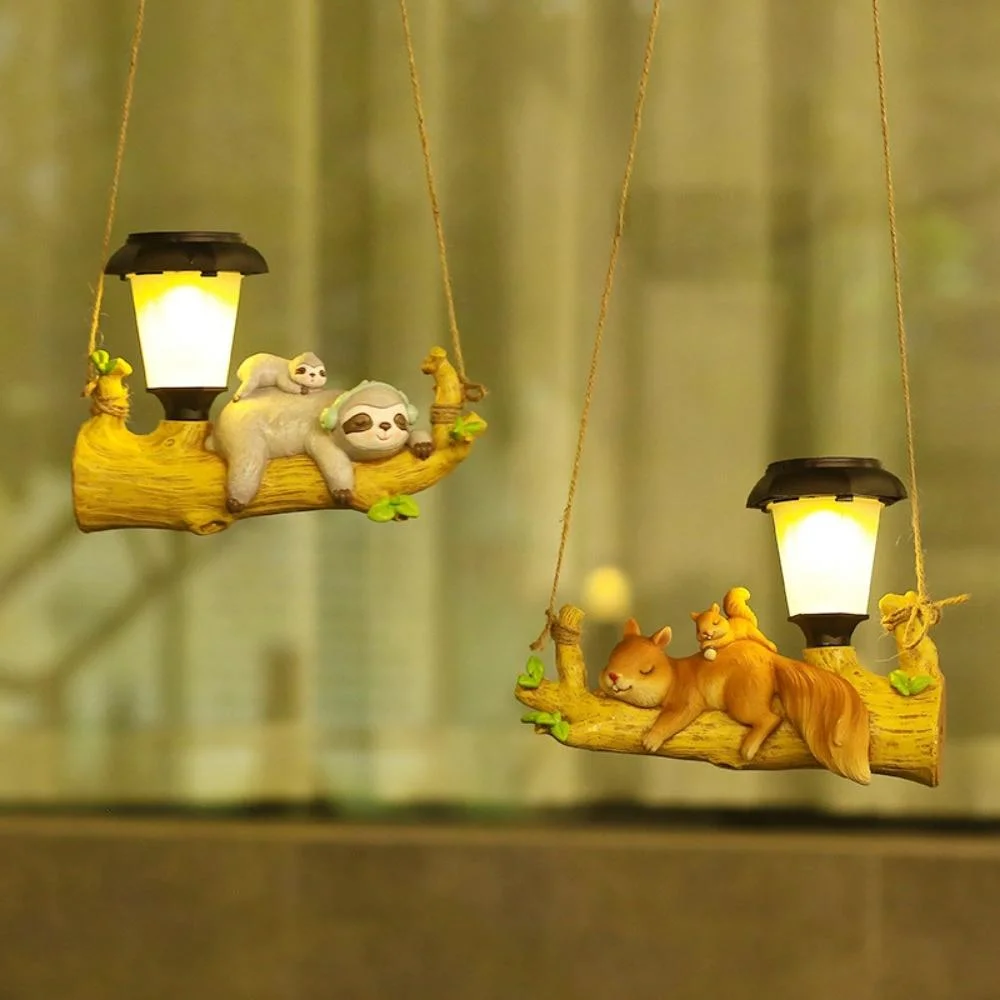 Solar Squirrel Sloth Hanging Light, Cartoon Animal Statue Lantern for Garden Decoration Ci22744