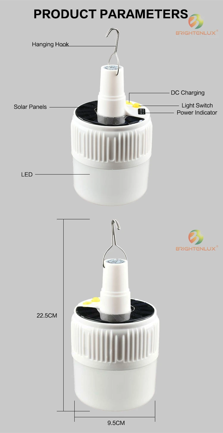 Brightenlux 2021 Logo Printing Plastic Material Solar Charging Multifunction Waterproof Camping Lantern with Hanging Hook